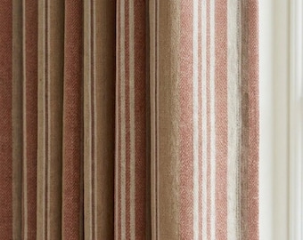 Dusty Terracotta Beige Pure Linen Curtains, Ivory Printed Ticking Stripe Farmhouse Drapes, Custom Blackout or Light Filtering Panels