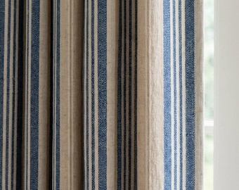 Navy Blue Camel Beige Pure Linen Curtains, Ivory Printed Ticking Stripe Farmhouse Drapes, Custom Blackout or Light Filtering Panels