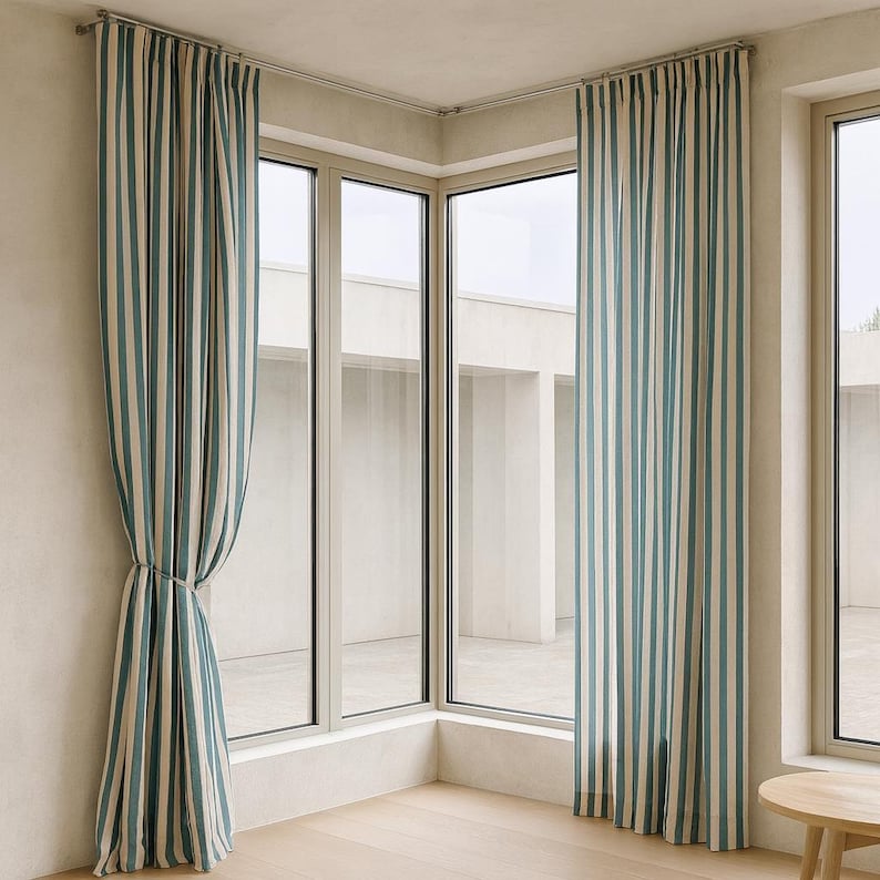 Organic Cotton Curtains: Hand Block-Printed Teal Stripes (Custom Sizes Available) image 2