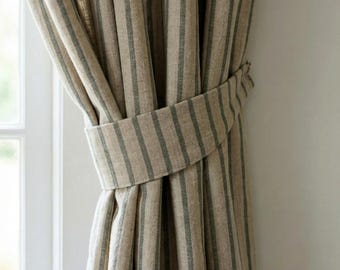 Reine Leinen Bauernhaus Streifen Vorhänge, natürliche Flachs & Salbei grüne Inlett, individuelle Größe, ungefüttert/mit Baumwolle gefüttert/OEKO-TEX Verdunkelung
