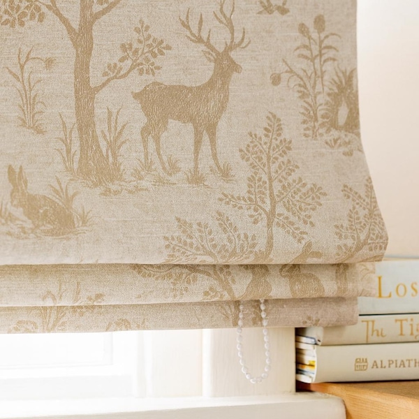 Nursery Roman Shade, Organic Linen, Beige Woodland Deer (Light-Filtering or Blackout)