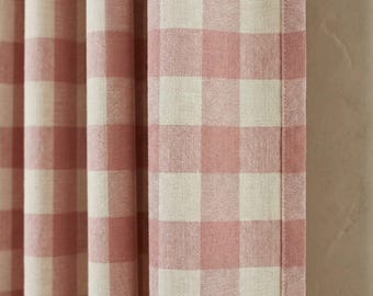 Organic Linen Gingham Curtains, Dusty Rose & Ivory Buffalo Check Farmhouse Drapes, Custom, Cotton Lined or Blackout, 4 Headers