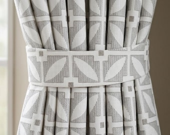 Ivory Pure Linen Curtains, Charcoal Gray Taupe Geometric Embroidered Drapes, Custom Blackout Mid Century Panels