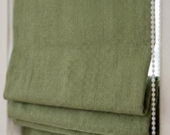 Persiana romana de lino en espiga verde salvia, persiana con cordón personalizada (filtración de luz o oscurecimiento)