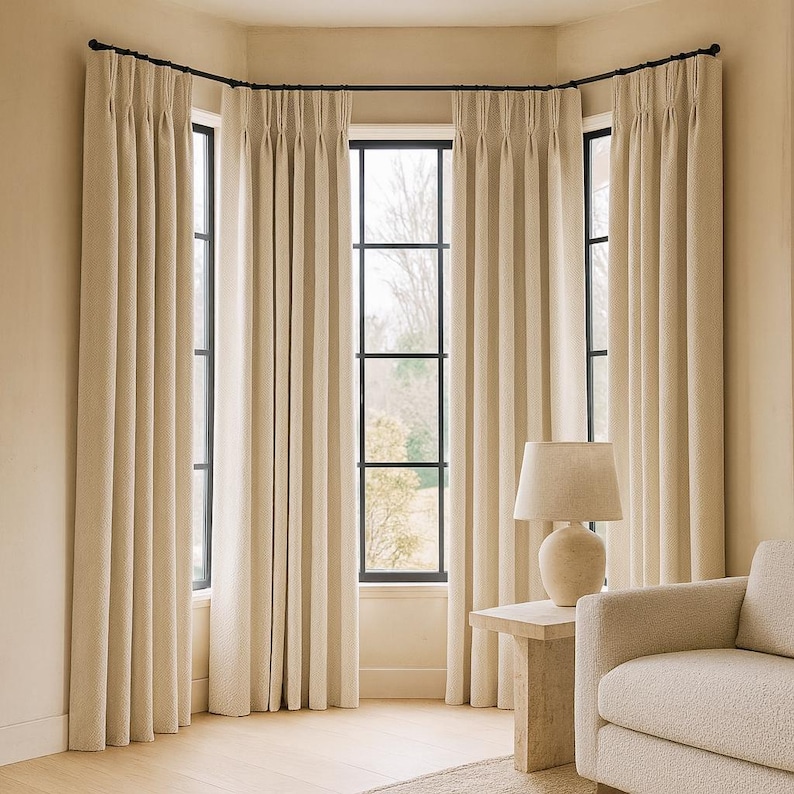 Pinch-Pleat Curtains: Cream Linen Herringbone (Blackout or Cotton Lined) image 5