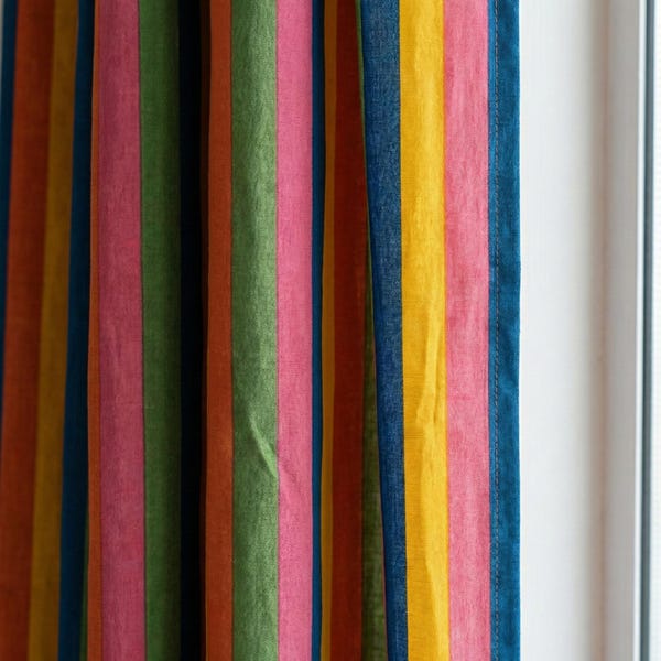 Cortinas de algodón orgánico con rayas arcoíris, estampado a mano, tamaño personalizado