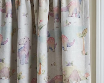 Watercolor Dinosaur Linen Nursery Curtains, Kids Room Drapes