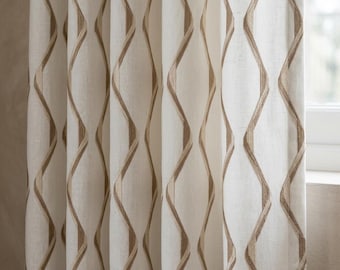 Ivory Flax Linen Curtains, Beige Ogee Trellis Embroidered Drapes, Custom Blackout or Light Filtering Panels