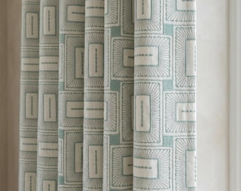 Ivory Aqua Pure Linen Curtains, Seafoam Green Geometric Frame Embroidered Drapes, Custom Blackout or Light Filtering Panels