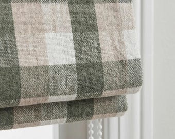 Estores romanos de lino a cuadros personalizados, estilo rústico, color verde salvia y beige (filtración de luz o oscurecimiento)