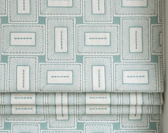 Ivory Aqua Linen Roman Shade, Blue Green Geometric Embroidered Custom Blind, Blackout or Light Filtering Window Shade