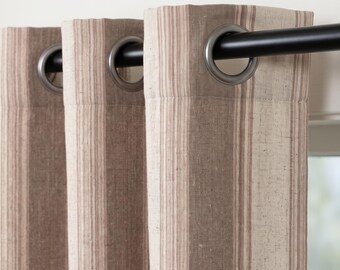 Taupe Brown Pure Linen Farmhouse Stripe Curtains, Ivory Blush Pinstripe Drapes, Custom Blackout or Light Filtering
