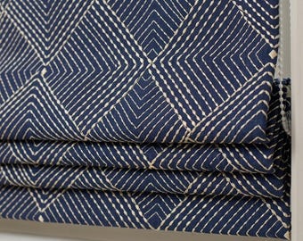 Navy Gold Pure Linen Roman Shade, Ivory Gold Geometric Diamond Embroidered Custom Blind, Blackout or Light Filtering