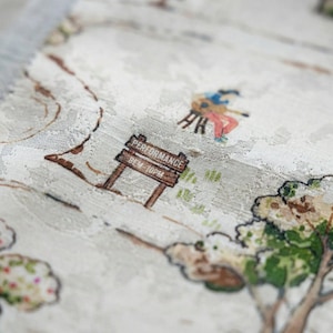 May include: Close-up of a textured fabric with a whimsical outdoor scene. A brown sign reads "PERFORMANCE 8PM-10PM". A figure plays guitar, and trees and pathways are also depicted. The color palette includes beige, brown, green, blue, and pink.