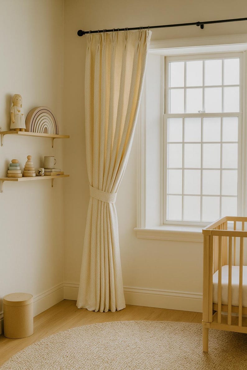 Pinch-Pleat Curtains: Cream Linen Herringbone (Blackout or Cotton Lined) image 6