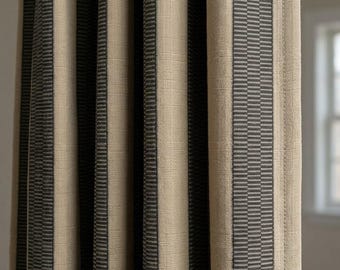 Beige Black Tribal Stripe Cotton Curtains, Heavy Boho Farmhouse Drapes, Custom Blackout Cafe Curtain Panels