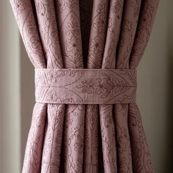 Dusty Rose Heavy Linen Curtains, Burgundy Embroidered Floral Paisley Drapes, Custom Blackout Cafe Curtain Panels