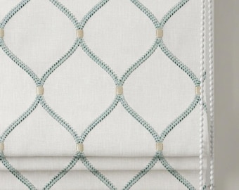 White Linen Roman Shade, Aqua Diamond Trellis Embroidered Custom Blind, Blackout or Light Filtering Window Shade