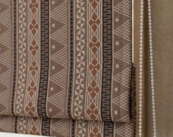 Taupe Rust Black Tribal Linen Roman Shade, Custom Southwestern Boho Geometric Corded Blind, Blackout or Light Filtering