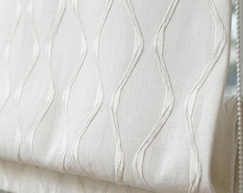 Ivory on Ivory Pure Linen Roman Shade, Tone-on-Tone Wavy Geometric Embroidered Custom Blind, Blackout or Light Filtering