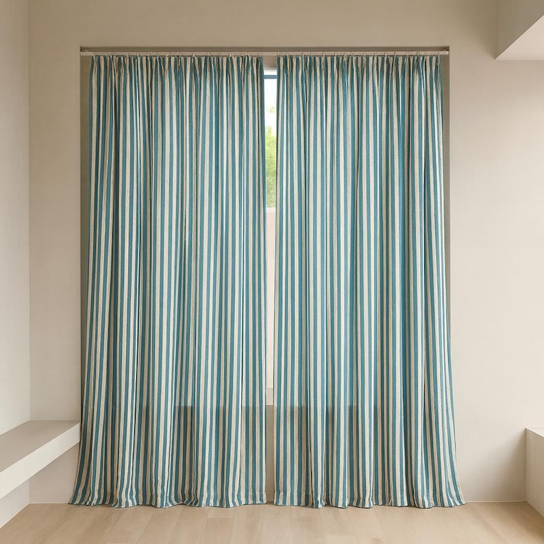 Organic Cotton Curtains: Hand Block-Printed Teal Stripes (Custom Sizes Available) image 3