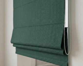 Persiana romana de lino en espiga en color verde azulado intenso, persiana con cordón personalizada (filtración de luz o oscurecimiento)