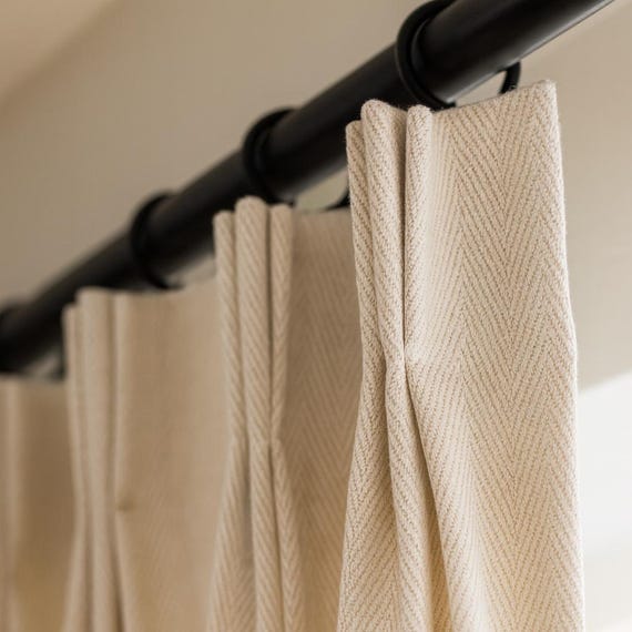 Pinch-Pleat Curtains: Cream Linen Herringbone (Blackout or Cotton Lined)