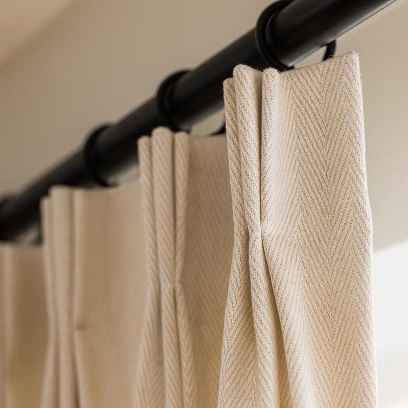 Pinch-Pleat Curtains: Cream Linen Herringbone (Blackout or Cotton Lined) image 1