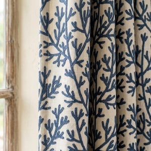 Navy Blue Coral Branch Linen Curtains, Natural Beige Embroidered Drapes, Custom Blackout Cafe Kitchen Living Room Panels