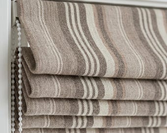 Persianas romanas de lino a medida, color topo beige, estilo rústico con rayas, cortinas romanas opacas o que filtran la luz, persianas con cordón.