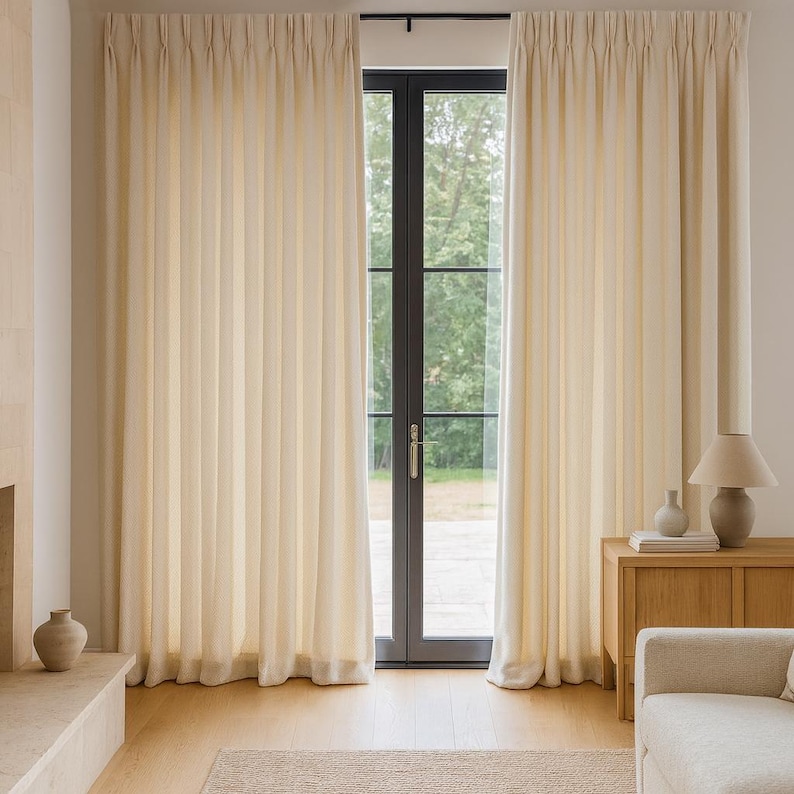 Pinch-Pleat Curtains: Cream Linen Herringbone (Blackout or Cotton Lined) image 7