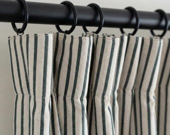 Pure Linen Farmhouse Stripe Curtains, Natural Flax & Charcoal Gray Ticking, Custom Size, Unlined/Cotton Lined/OEKO-TEX Blackout