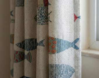 Embroidered Fish Linen Curtains, Coastal Nursery Decor, Flax Drapes