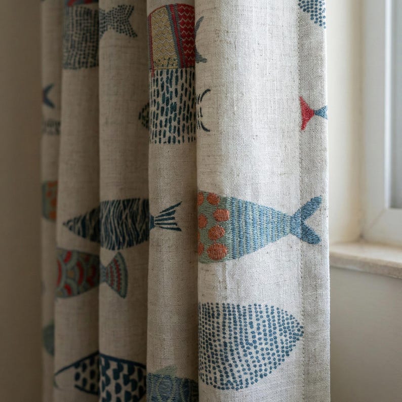 May include: Beige linen curtains with a repeating pattern of stylized fish in shades of blue, red, and orange. The fish designs vary in size and detail, adding visual interest to the fabric. The curtains are hanging near a window.