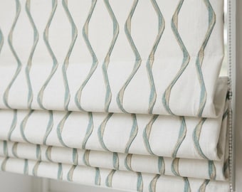 Ivory Spa Pure Linen Roman Shade, Sage Aqua Wavy Geometric Embroidered Custom Blind, Blackout or Light Filtering