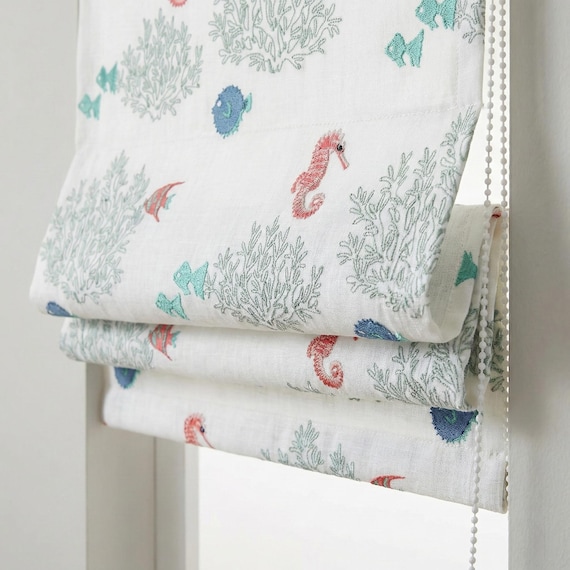 Roman Blind: Seahorse & Fish Embroidery - Thick Organic Linen