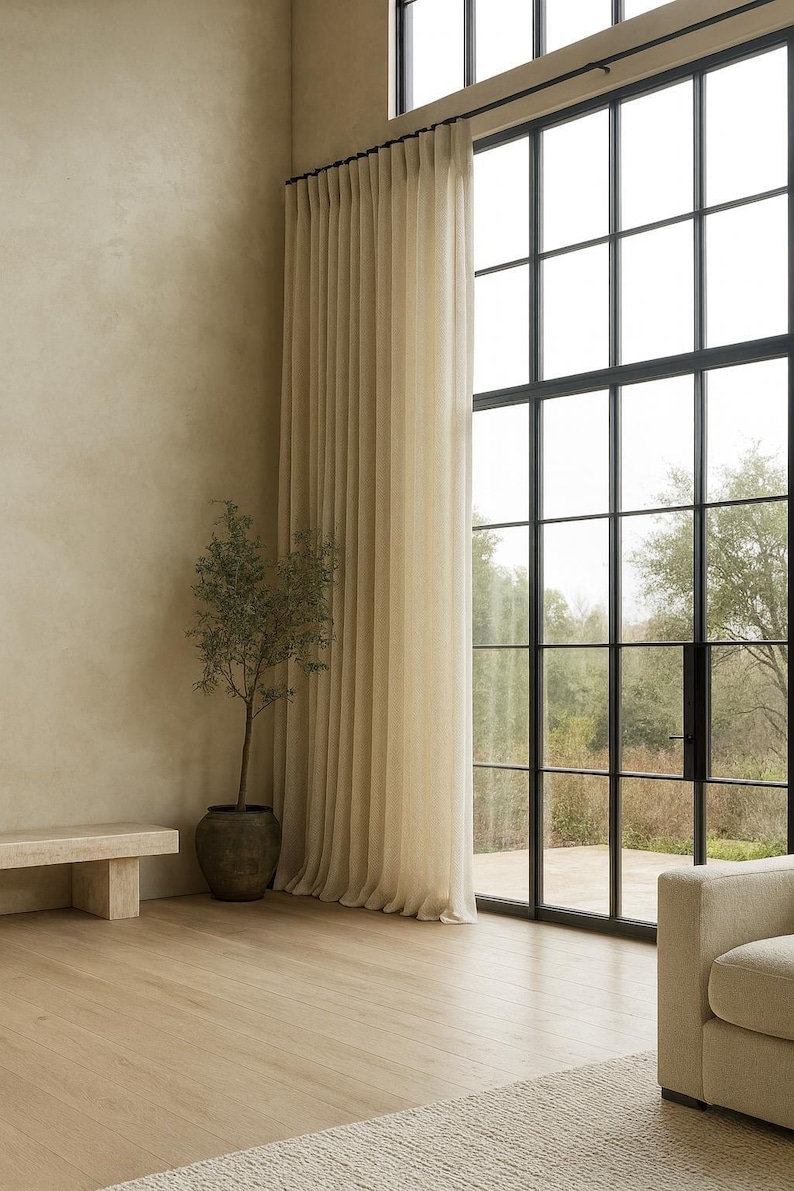 Pinch-Pleat Curtains: Cream Linen Herringbone (Blackout or Cotton Lined) image 4