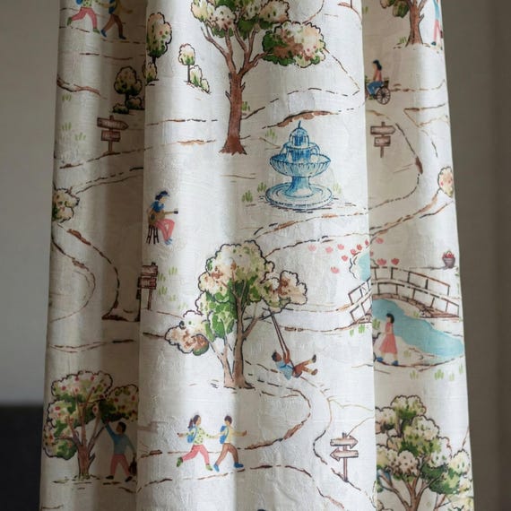 Storybook Park Silk Linen Nursery Curtains, Watercolor Map Drapes