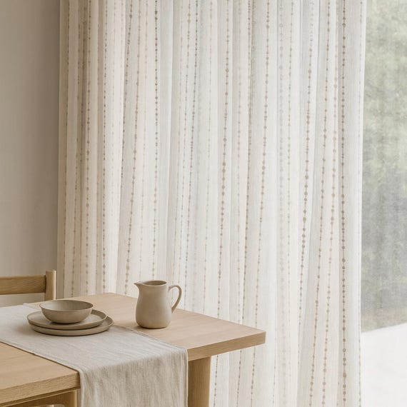 Sheer Linen Curtains: Embroidered Ivory With Taupe Dots (hooks