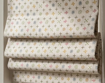Cream Olive Linen Roman Shade, Pink Gray Mid Century Atomic Print Custom Blind, Blackout or Light Filtering Window Shade