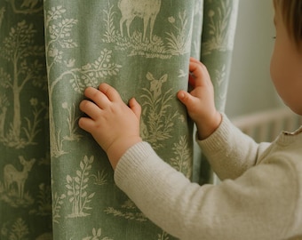 Woodland Print Curtains: Organic Linen for Kids Rooms (Custom Lengths)