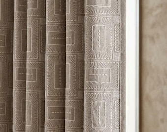 Beige Kora Pure Linen Curtains, Ivory Geometric Frame Embroidered Drapes, Custom Blackout or Light Filtering Panels