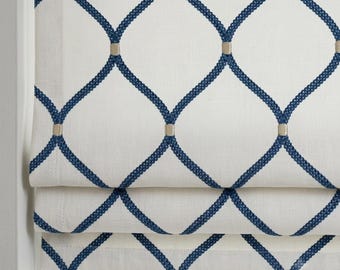 Custom Blue Embroidered Linen Roman Shade, White Geometric Ogee Trellis Blind, Corded Blackout or Light Filtering Window Treatment
