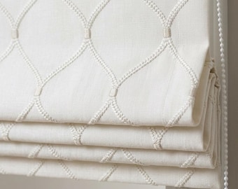 Custom Roman Shade, Ivory Linen Blind, Ivory Embroidered Ogee Trellis, Blackout or Light Filtering Window Shade
