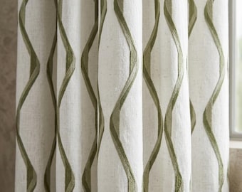 Ivory Green Pure Linen Curtains, Sage Olive Ogee Trellis Embroidered Drapes, Custom Blackout or Light Filtering Panels