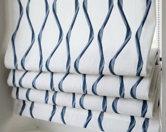 White Navy Linen Roman Shade, Blue Wavy Geometric Embroidered Custom Blind, Blackout or Light Filtering Window Shade