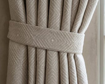 Seminatural Pearl Pure Linen Curtains, Greige & White Diamond Embroidered Drapes, Custom Blackout or Light Filtering Panels
