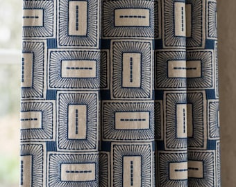 Navy Blue & Beige Pure Linen Curtains, Geometric Frame Embroidered Drapes, Custom Blackout or Light Filtering Panels