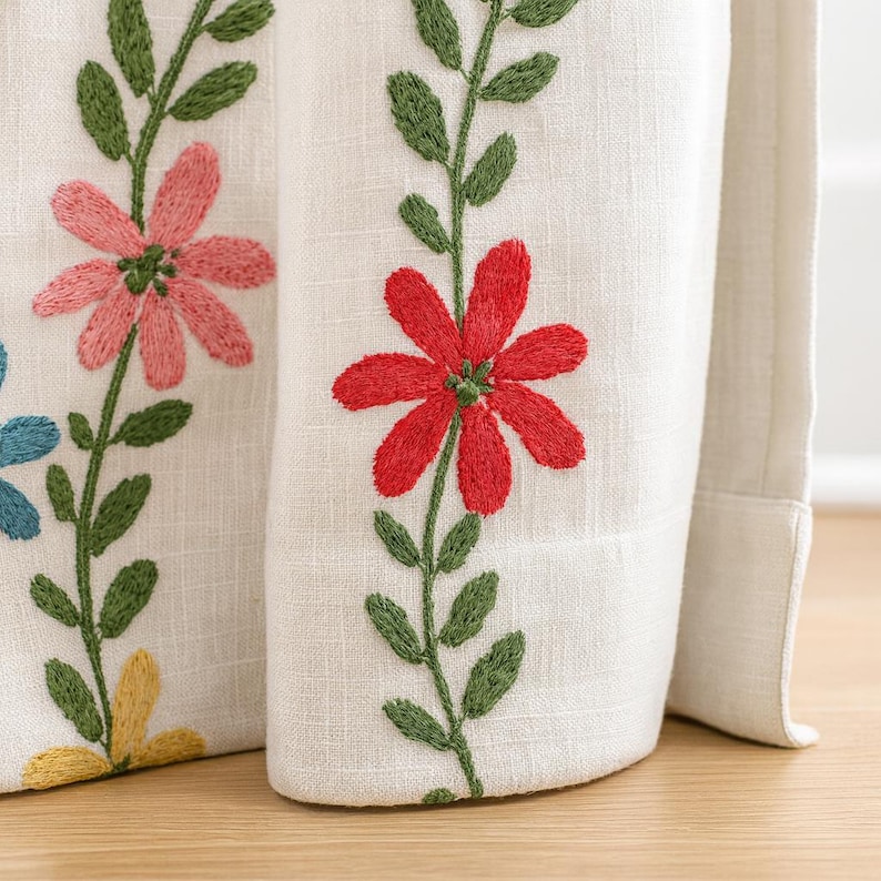 Linen Blackout Curtains: White Daisy Vine Embroidery (Kids Nursery, Custom Fit) image 2