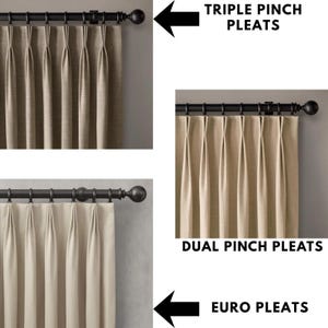 May include: Three images showcasing different curtain pleat styles: triple pinch pleats, dual pinch pleats, and euro pleats. The curtains are beige and hang from dark metal rods with decorative finials. The text labels each pleat style.